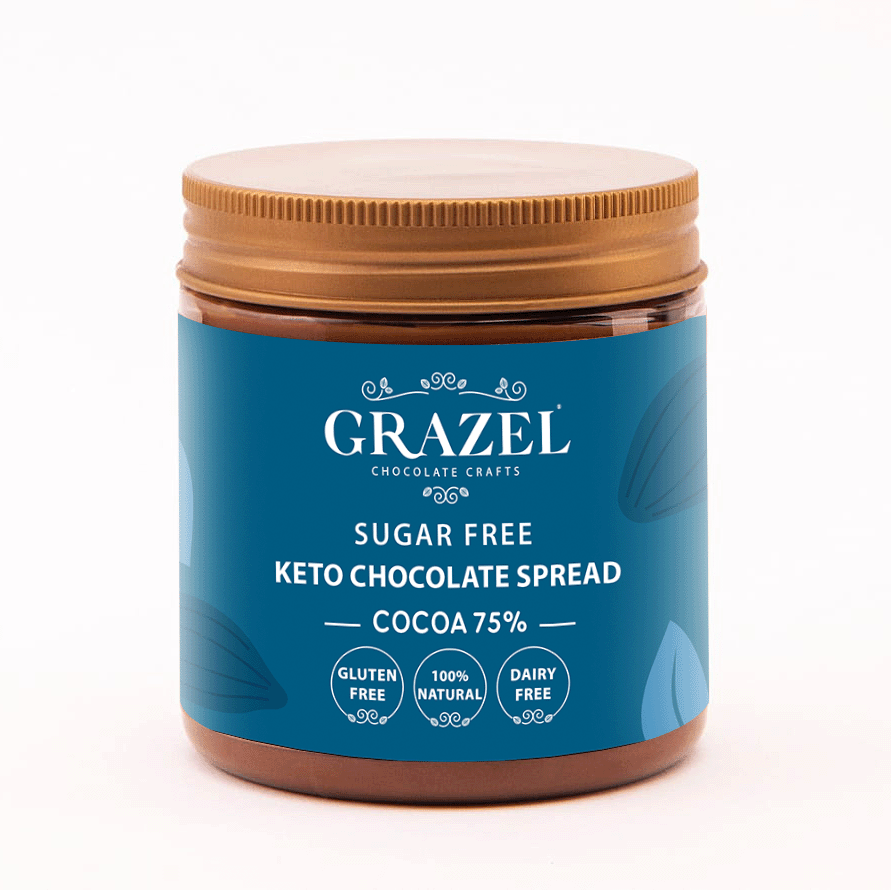 Jar of Grazel sugar-free keto chocolate spread on a white background