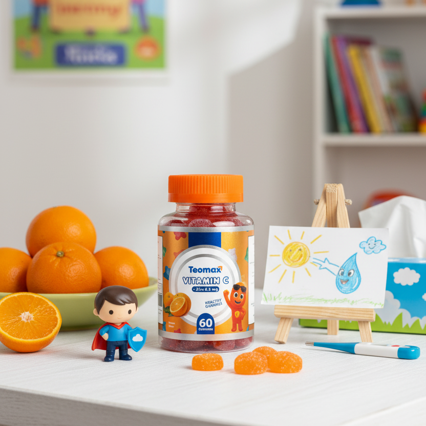 Teamax Vitamin C supplement bottle with oranges and a child's artwork on a table.