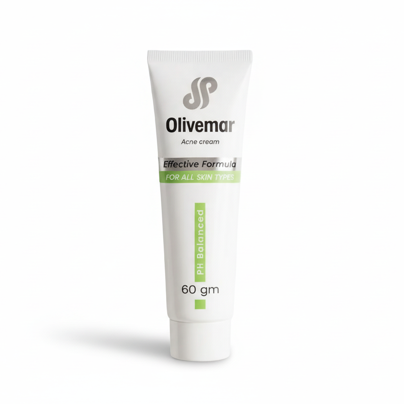 Olivemar acne cream tube on a white background
