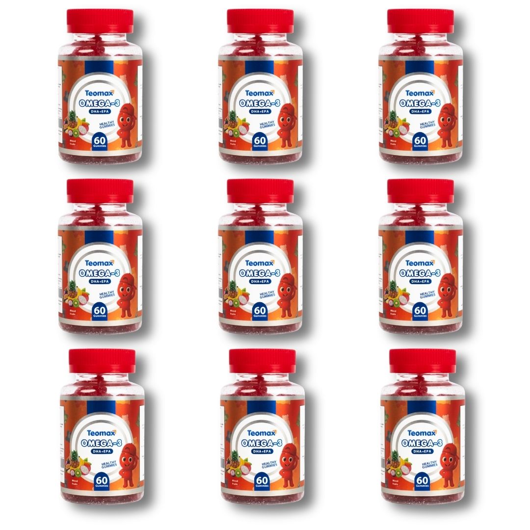 Multiple bottles of Teamax Omega-3 supplements on a white background
