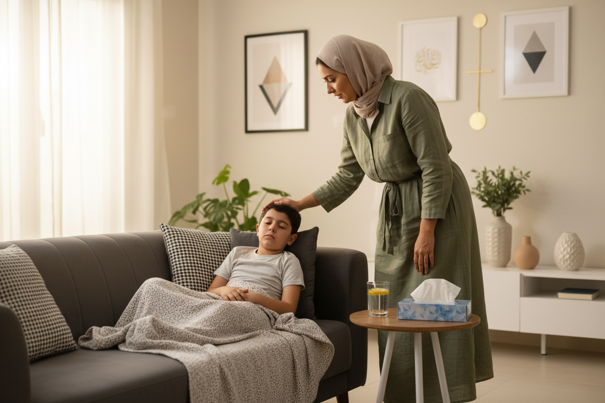 ام و طفل في بيت مصري مودرن الطفل مصاب بالبرد (الانفلومزا و الام تقف بجتنبه لتتابعه