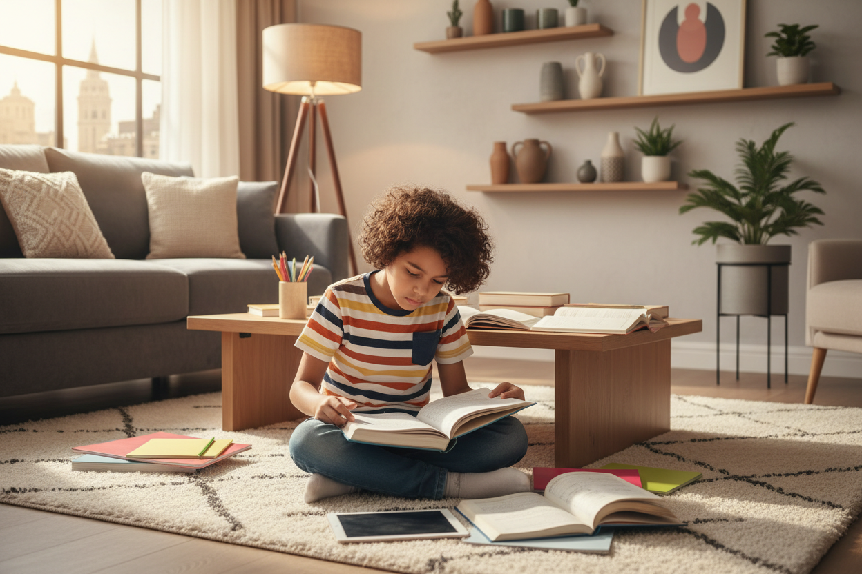 طفل مصري قاعد يذاكر في بيت مودرن و امامه 