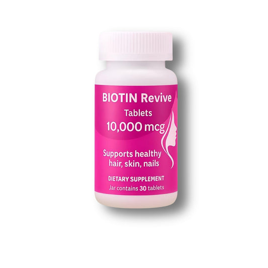 Biotin supplement bottle with pink label on a white background