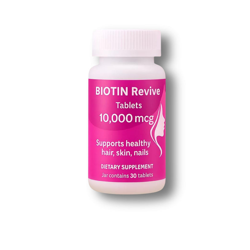 Biotin supplement bottle with pink label on a white background