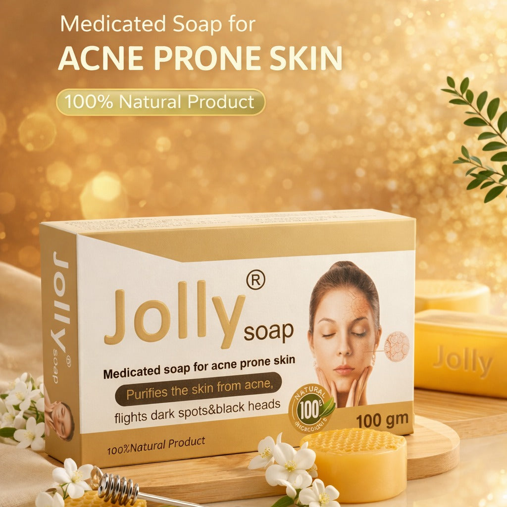 Jolly soap packaging for acne-prone skin with a decorative background