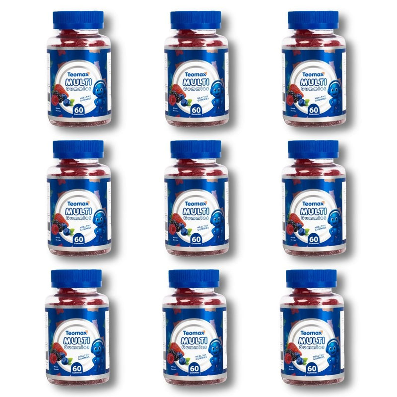 Multiple bottles of Teamax Multi Gummies on a white background