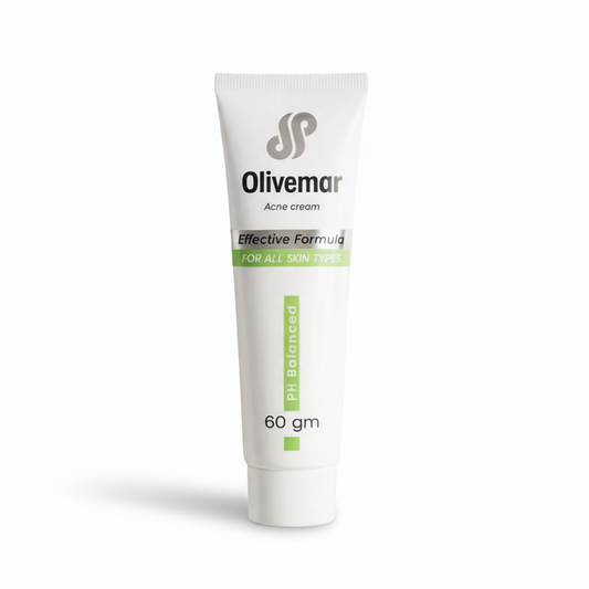 Olivemar acne cream tube on a white background