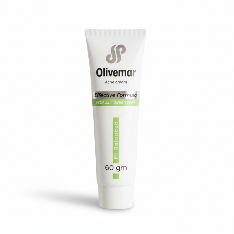Olivemar acne cream tube on a white background
