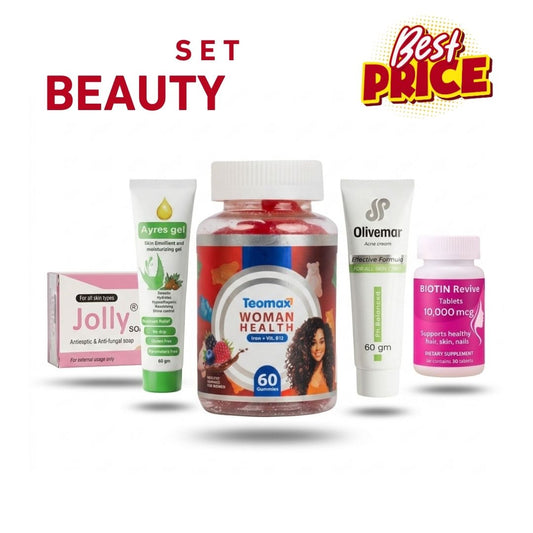 Set of health and beauty products with branding and promotional text on a white background
