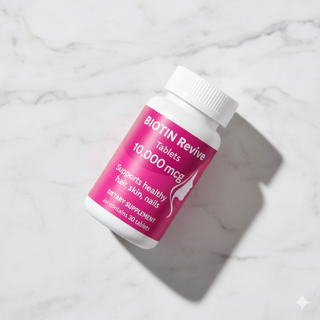 Bottle of Biotin Revive tablets on a marble surface