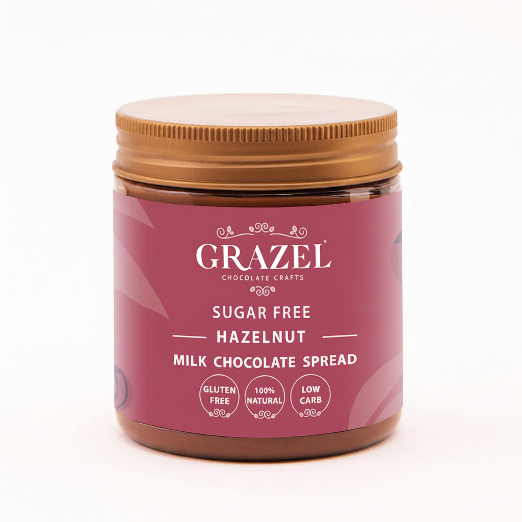 Jar of Grazel sugar-free hazelnut milk chocolate spread on a white background