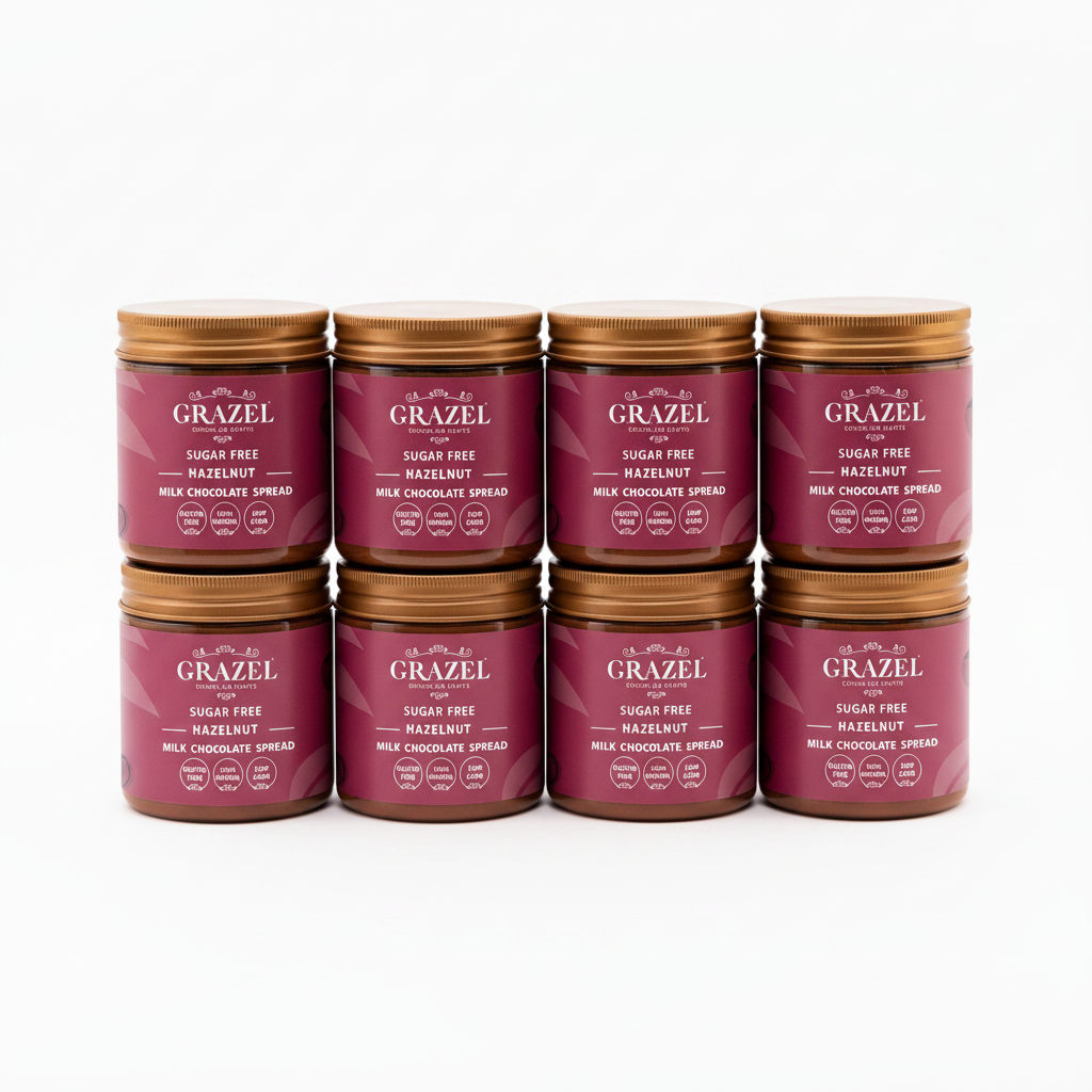 Jar of Grazel sugar-free hazelnut milk chocolate spread on a white background