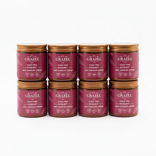 Jar of Grazel sugar-free hazelnut milk chocolate spread on a white background