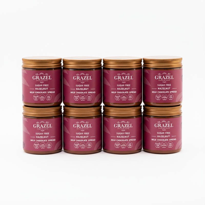 Jar of Grazel sugar-free hazelnut milk chocolate spread on a white background