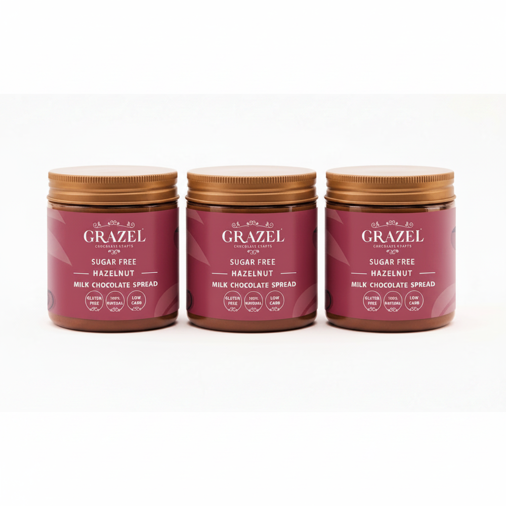 Three jars of Grazel sugar-free milk chocolate hazelnut spread on a white background
