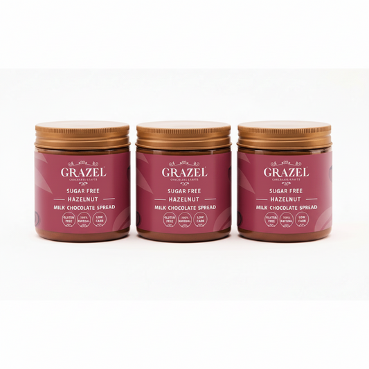 Three jars of Grazel sugar-free milk chocolate hazelnut spread on a white background