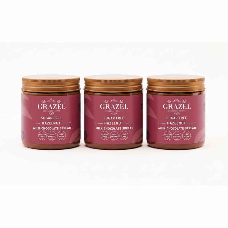 Three jars of Grazel sugar-free milk chocolate hazelnut spread on a white background