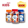 Three children's vitamin bottles with colorful lids on a white background, featuring 'Teomax' branding.