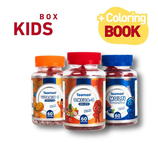 Three children's vitamin bottles with colorful lids on a white background, featuring 'Teomax' branding.