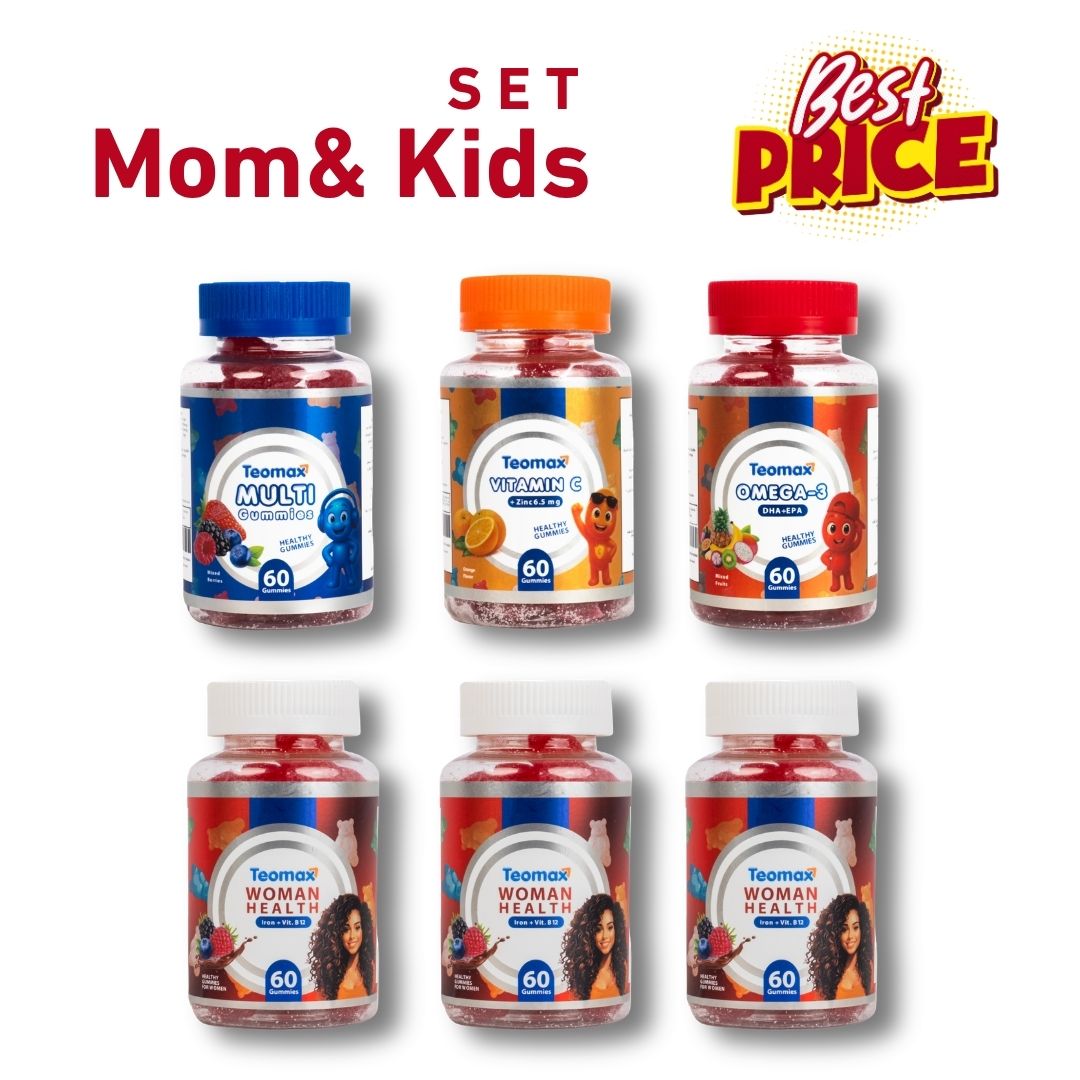 Set of Teemax health supplement bottles for mom and kids on a white background with promotional text.