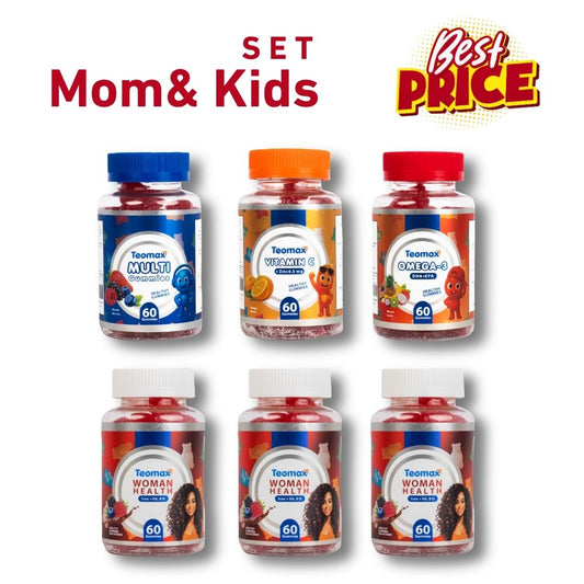 Set of Teemax health supplement bottles for mom and kids on a white background with promotional text.