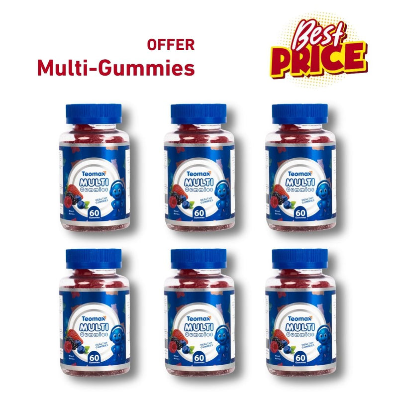Multiple bottles of Teamax Multi Gummies on a white background with promotional text.