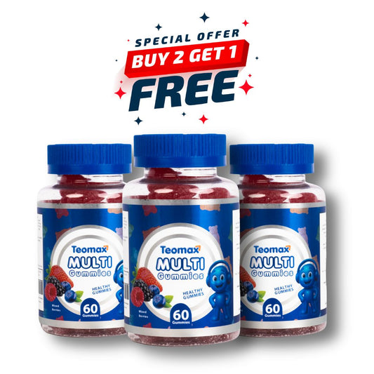 Three bottles of Teamax Multi Gummies with a 'Buy 2 Get 1 Free' offer on a white background.