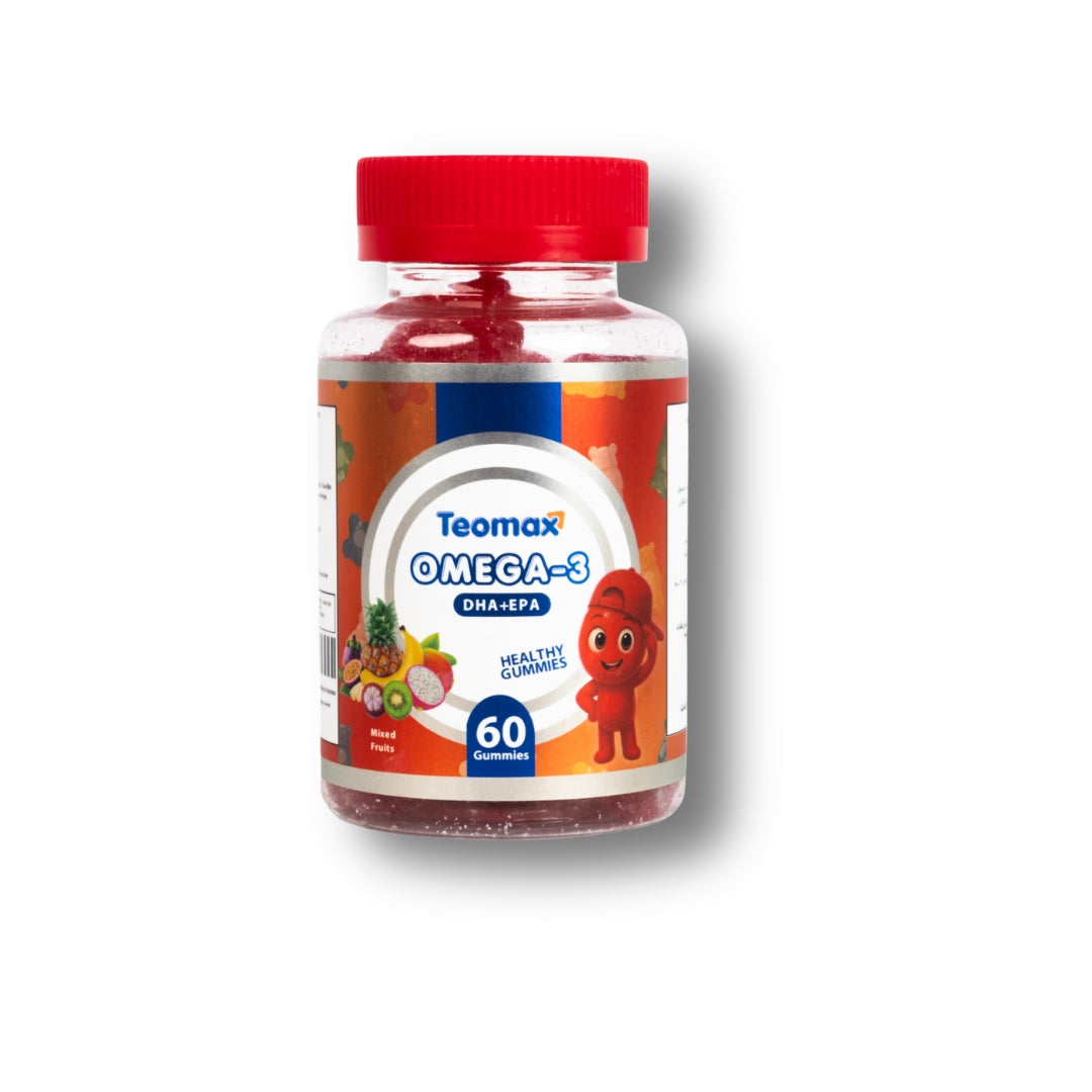Teomax Omega-3 supplement bottle with a red lid on a white background