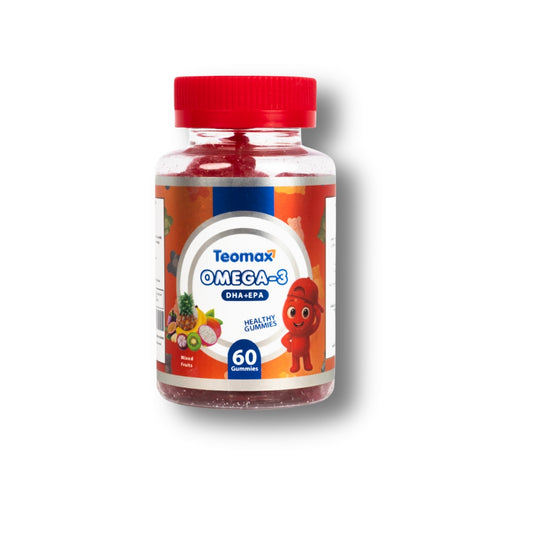 Teomax Omega-3 supplement bottle with a red lid on a white background