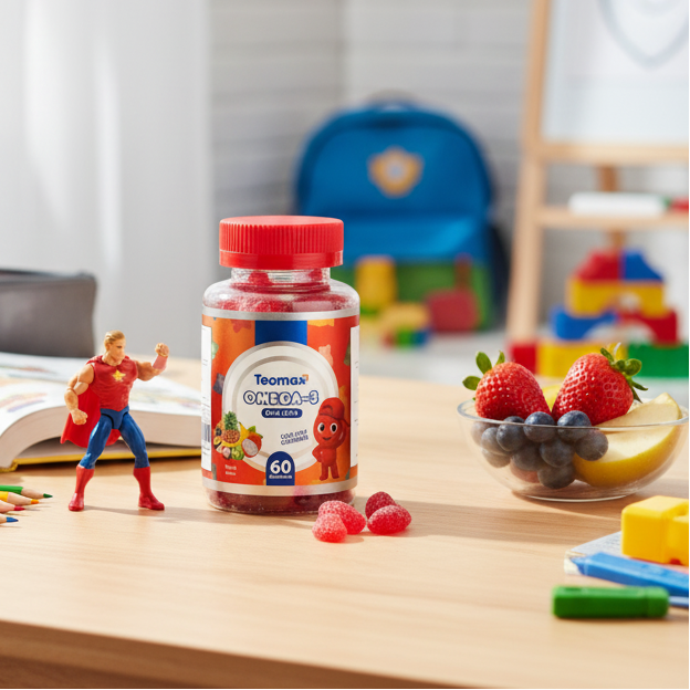 Teoman's Omega-3 supplement bottle on a table with toys and fruits in the background
