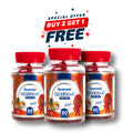 Three bottles of Teamax Omega-3 gummy vitamins with a special offer on a white background.