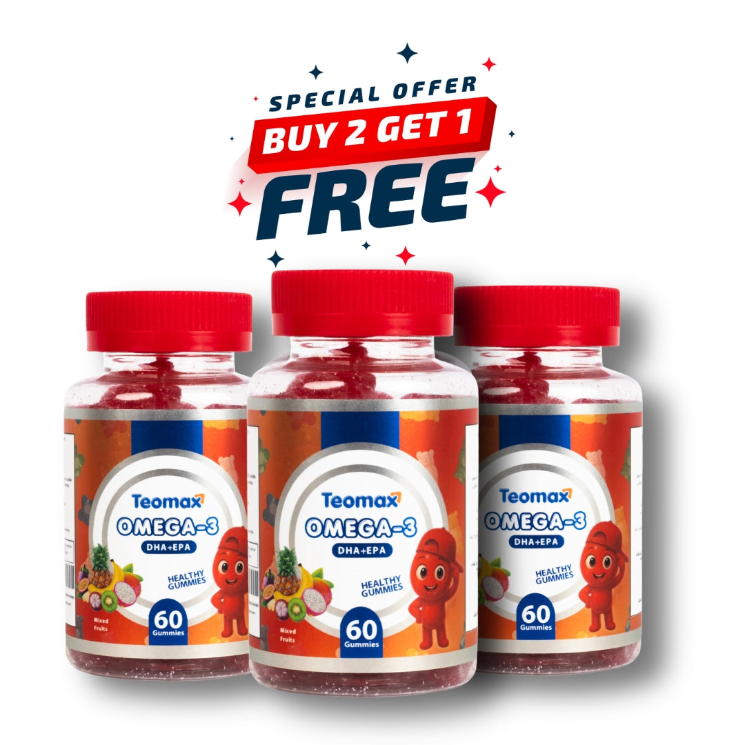 Three bottles of Teamax Omega-3 gummy vitamins with a special offer on a white background.