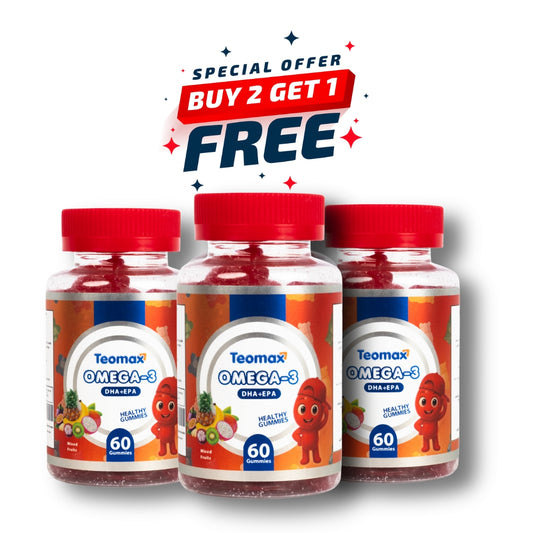 Three bottles of Teamax Omega-3 gummy vitamins with a special offer on a white background.