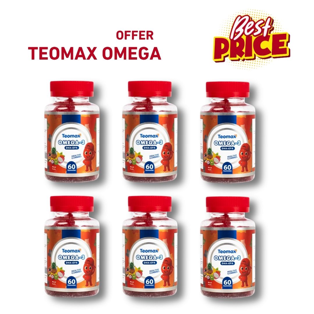 Six bottles of Teomax Omega supplements with red lids on a white background.
