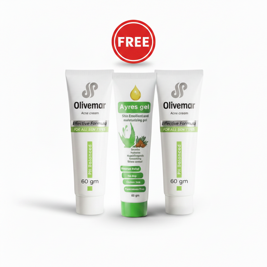 Three skincare products from Olivemar on a white background with a free offer badge.