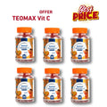 Six bottles of Teomax Vitamin C supplements on a white background with promotional text.