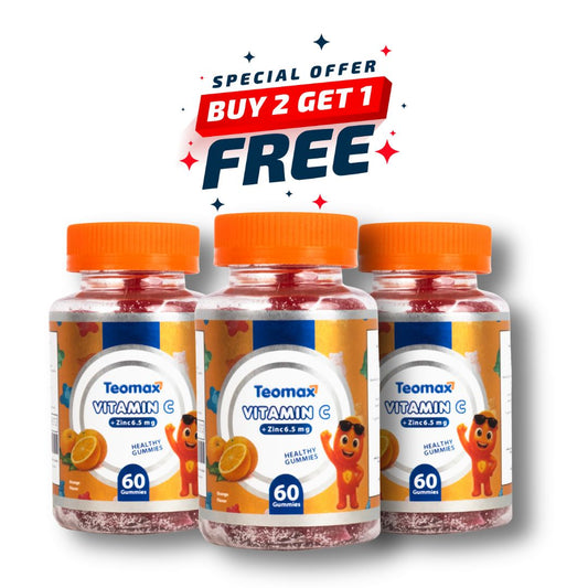 Three bottles of Teomax Vitamin C gummies with a special offer on a white background