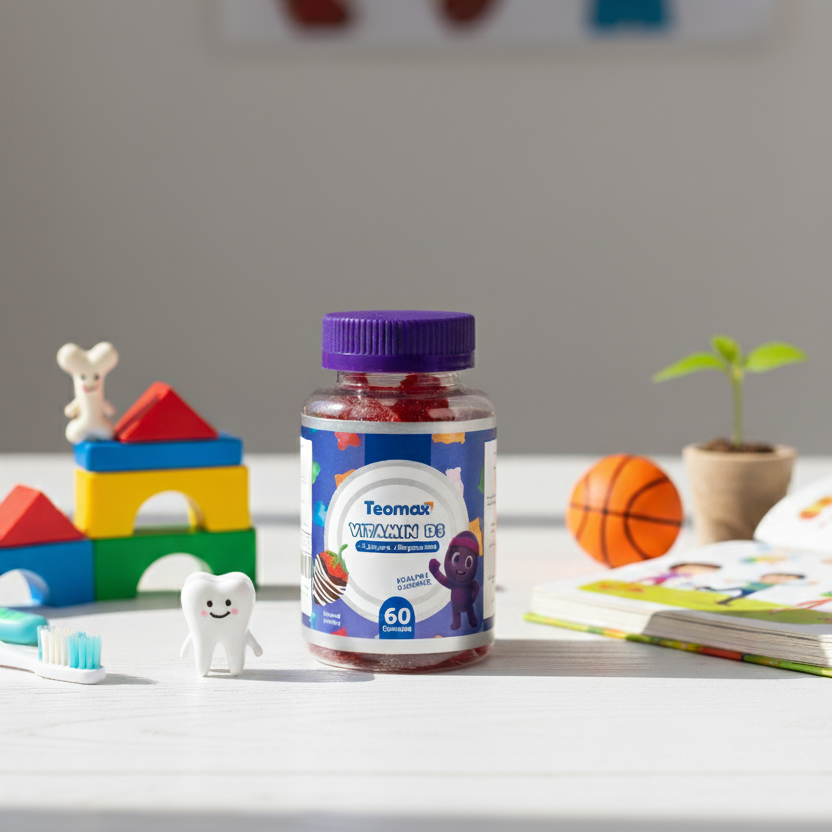 Teaman vitamin D3 supplement bottle on a table with toys and books in the background