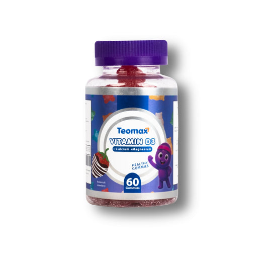 Teomax Vitamin D gummy supplement bottle on a white background