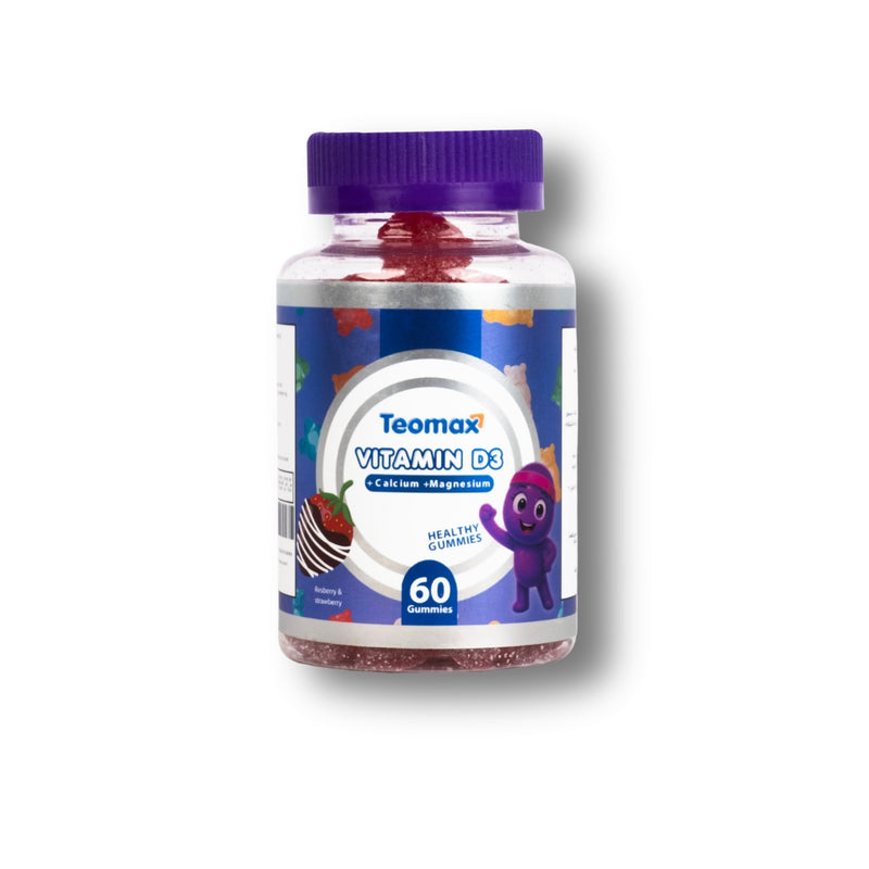 Teomax Vitamin D gummy supplement bottle on a white background
