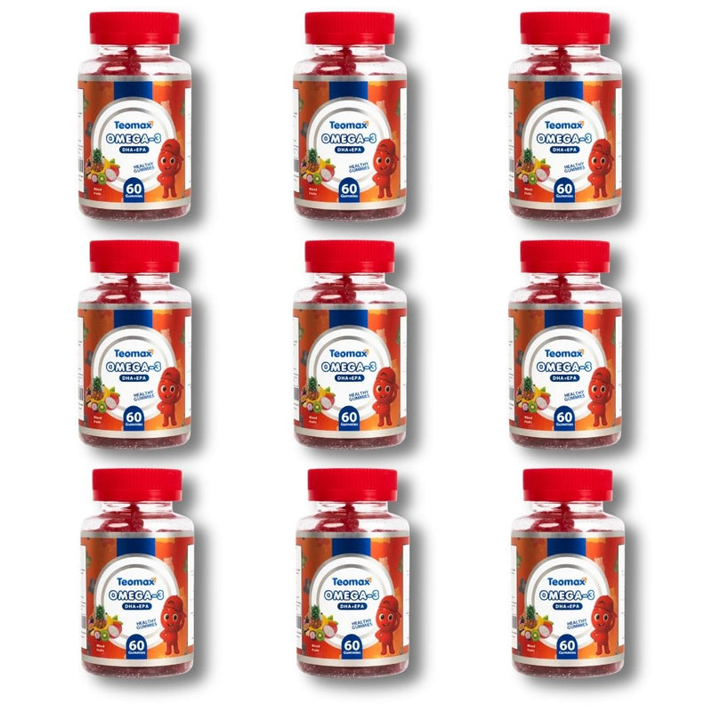 Multiple bottles of Teamax Omega-3 supplements on a white background
