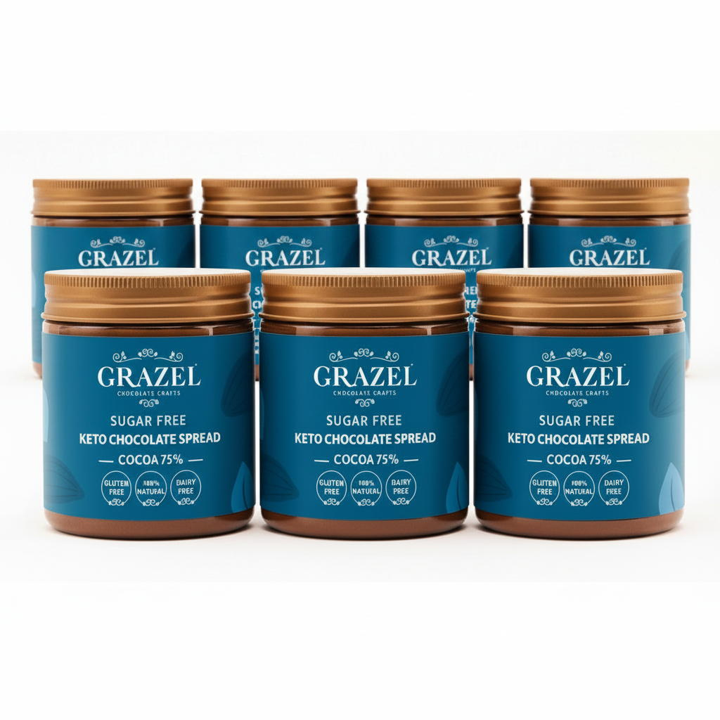 Three jars of Grazel sugar-free keto chocolate spread on a white background