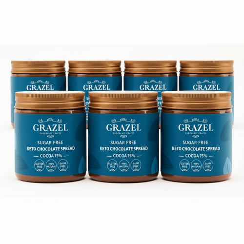 Three jars of Grazel sugar-free keto chocolate spread on a white background