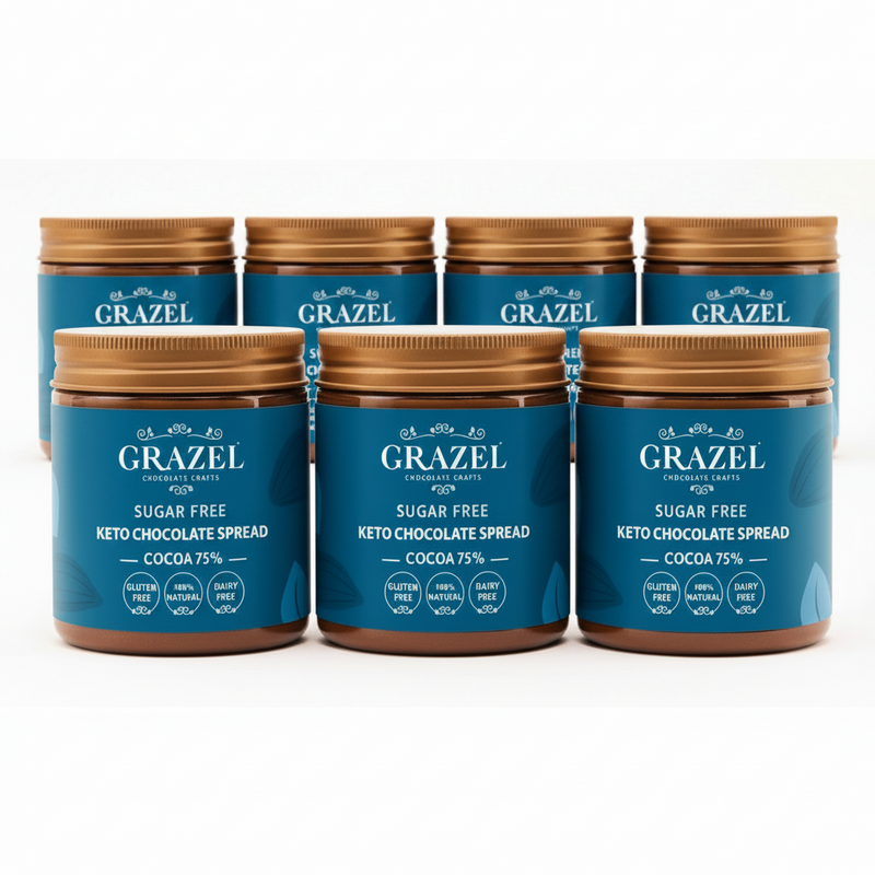 Three jars of Grazel sugar-free keto chocolate spread on a white background
